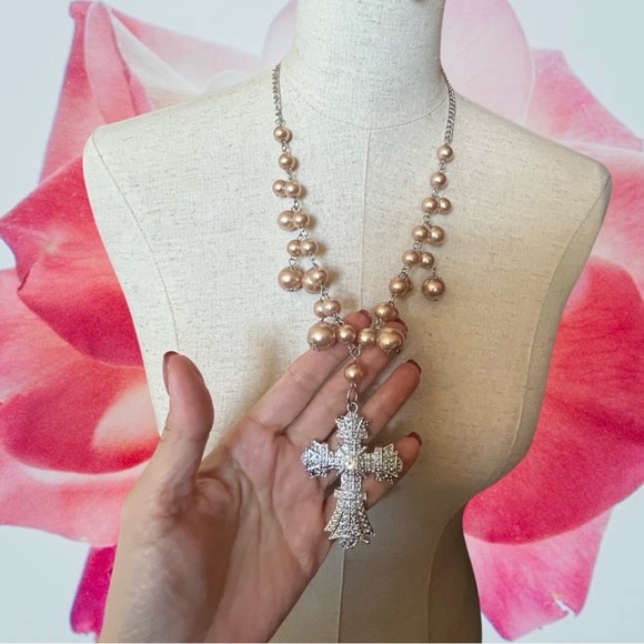 Chandelier Champagne Pearl Crystal Renaissance Cross Necklace & Earrings Set - Picture 3 of 8
